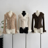 Y2k Aesthetic V-neck Jacket Korean Cardigan  Harajuku Vintage Bandage Fur Patchwork Coat Chic
